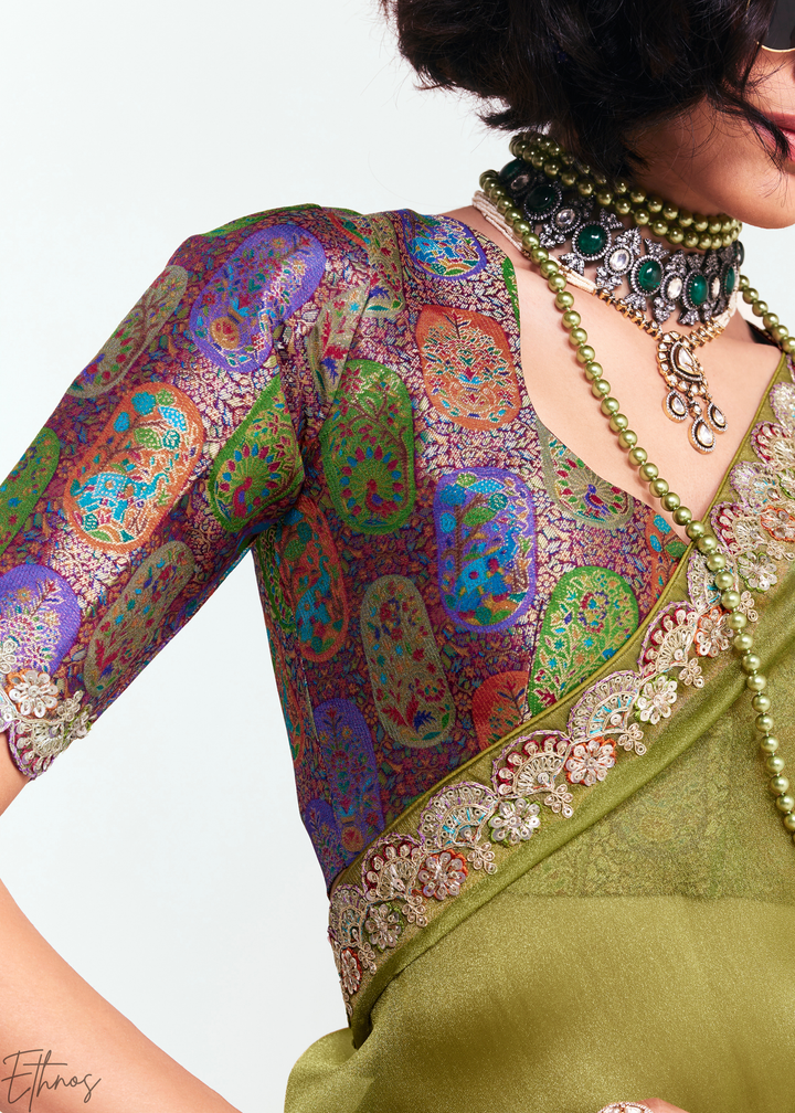 Tuscan Olive Green Embroidered Tissue Saree
