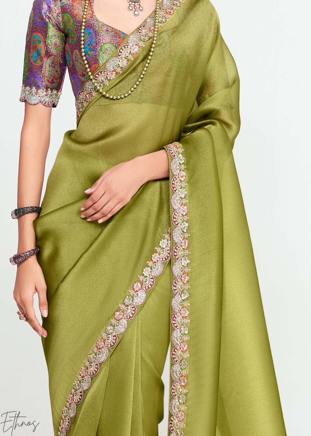 Tuscan Olive Green Embroidered Tissue Saree