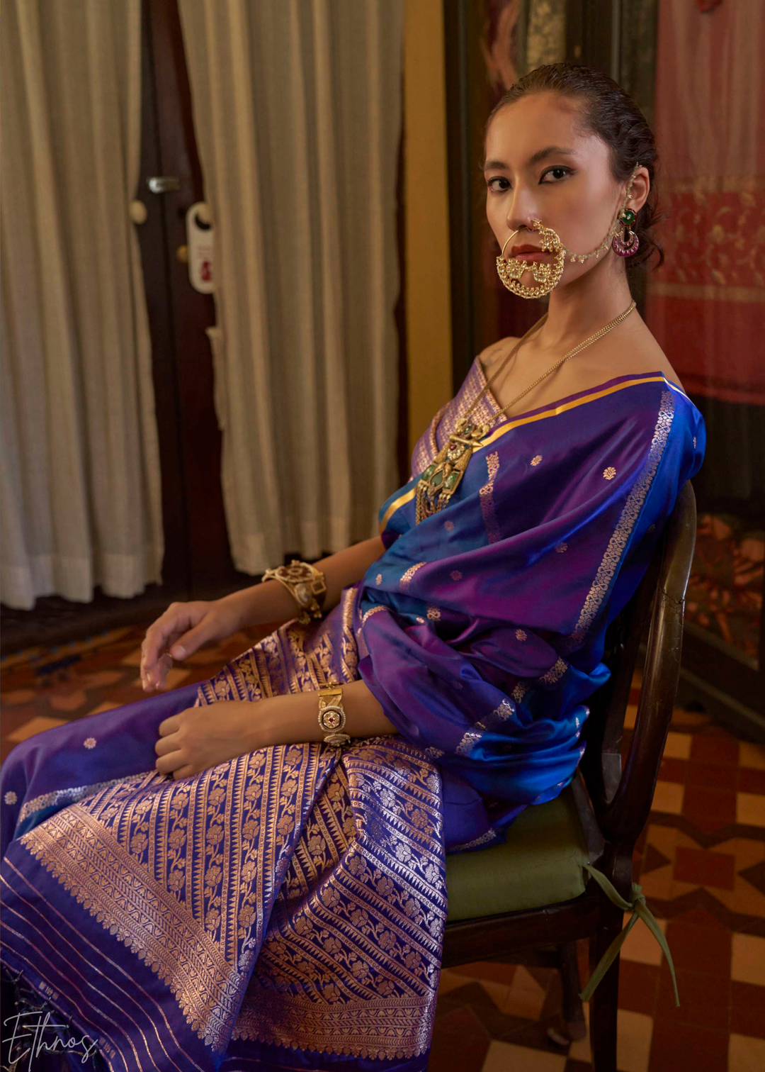 Ultramarine Blue & Lavender Geometric Rangkat Satin Saree