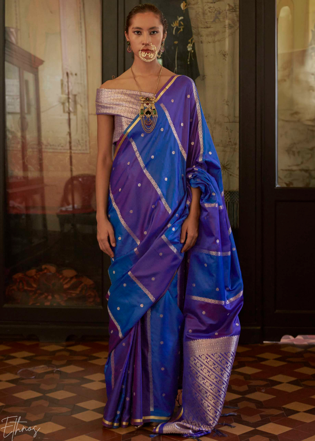 Ultramarine Blue & Lavender Geometric Rangkat Satin Saree