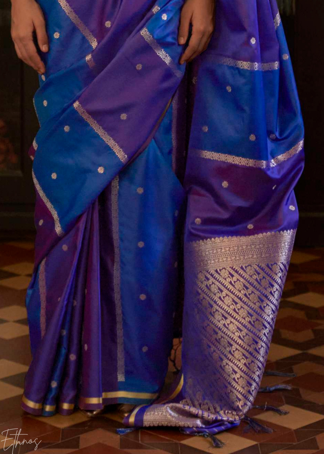 Ultramarine Blue & Lavender Geometric Rangkat Satin Saree