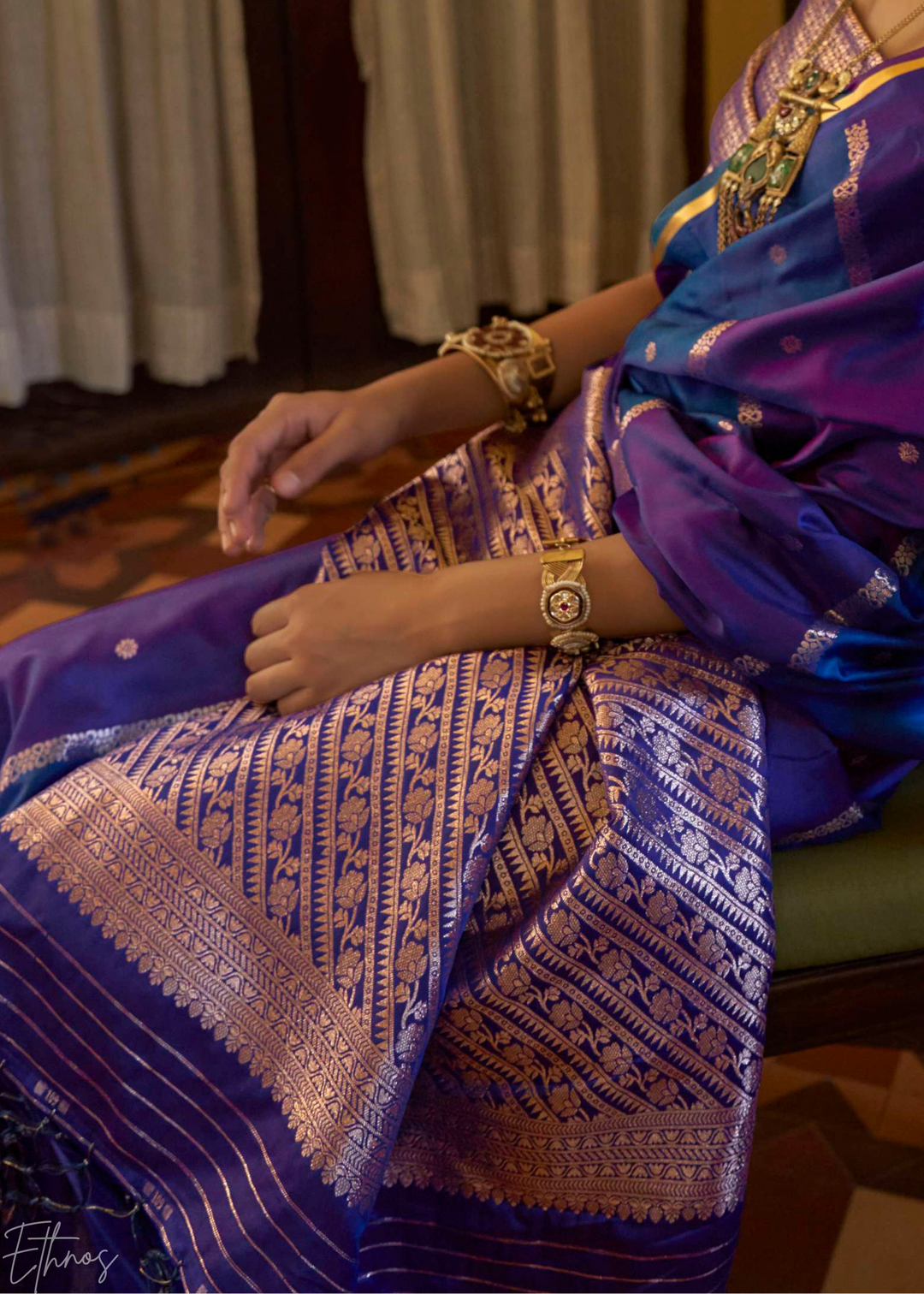 Ultramarine Blue & Lavender Geometric Rangkat Satin Saree