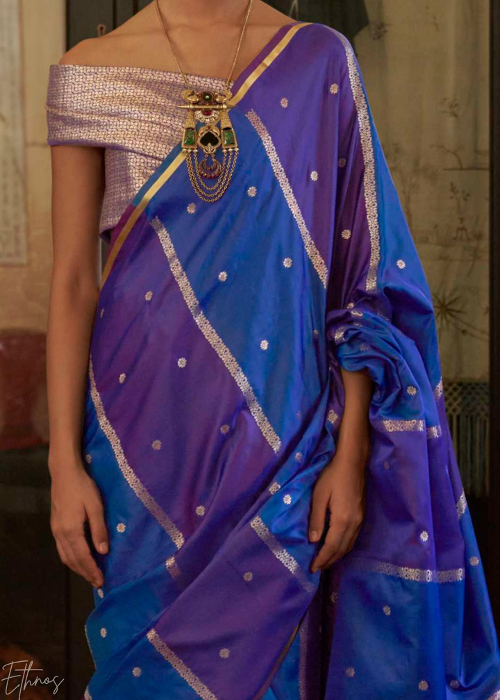 Ultramarine Blue & Lavender Geometric Rangkat Satin Saree