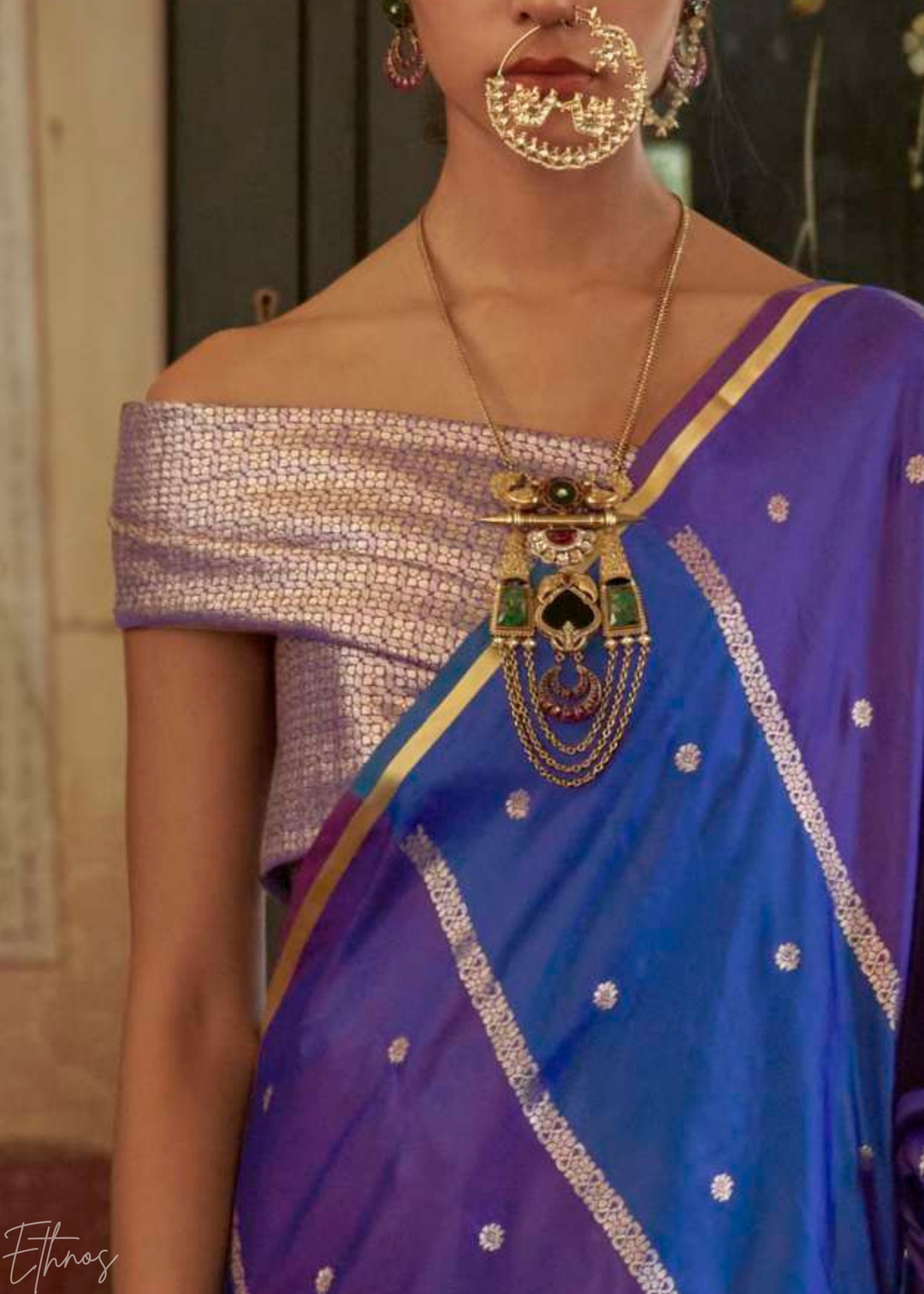 Ultramarine Blue & Lavender Geometric Rangkat Satin Saree