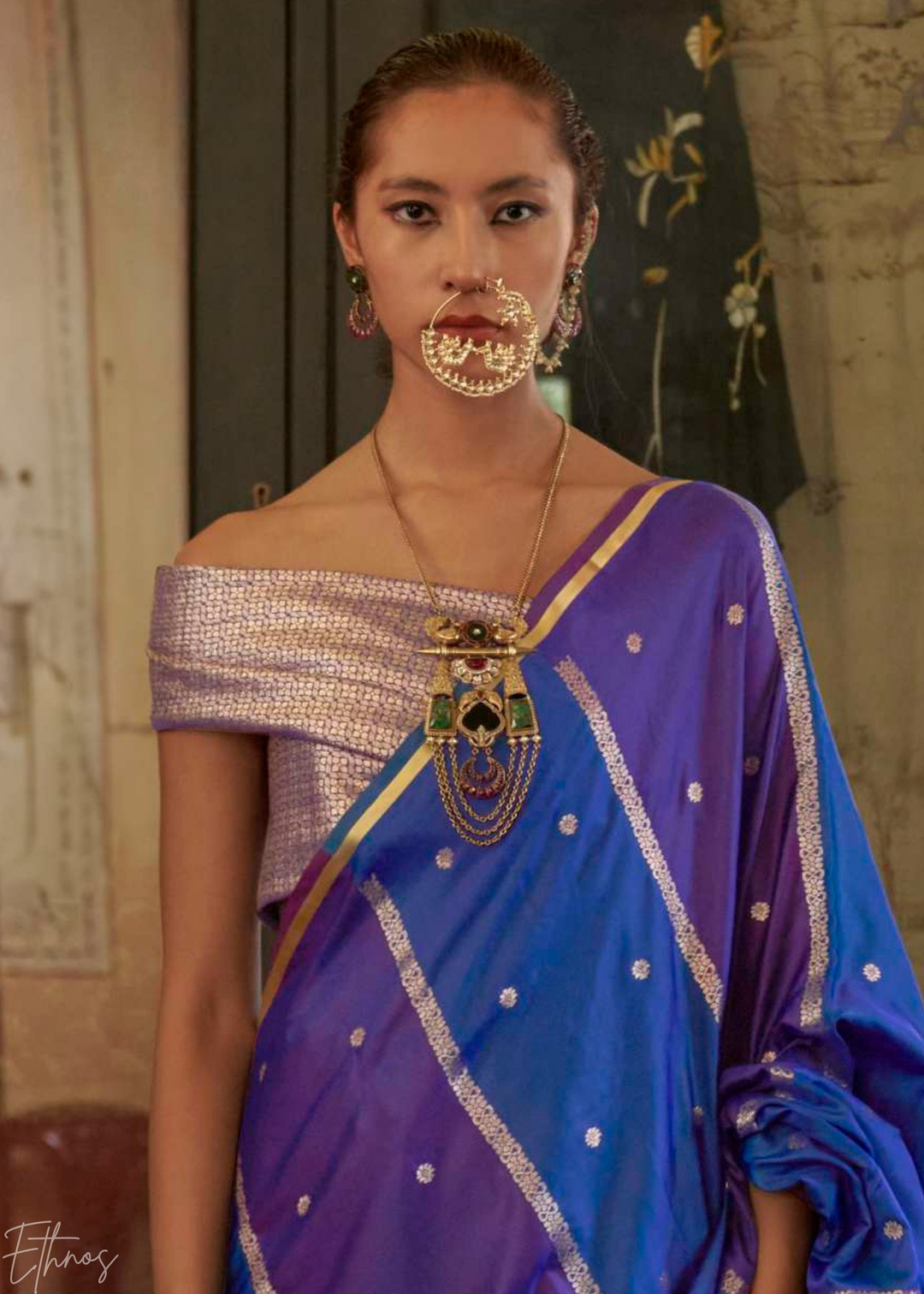 Ultramarine Blue & Lavender Geometric Rangkat Satin Saree