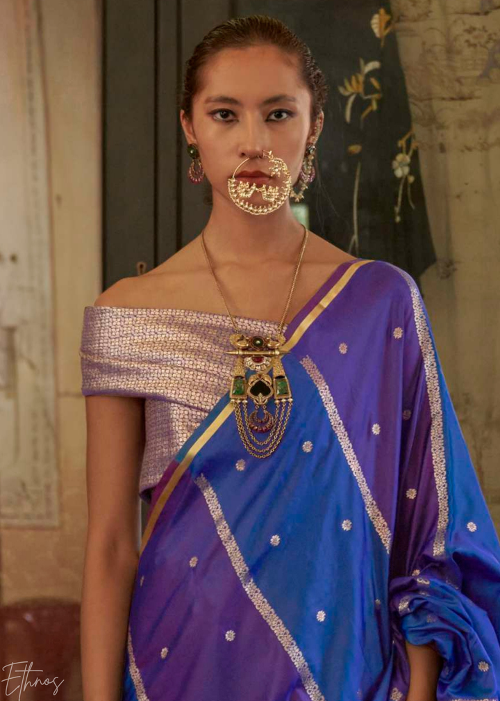 Ultramarine Blue & Lavender Geometric Rangkat Satin Saree