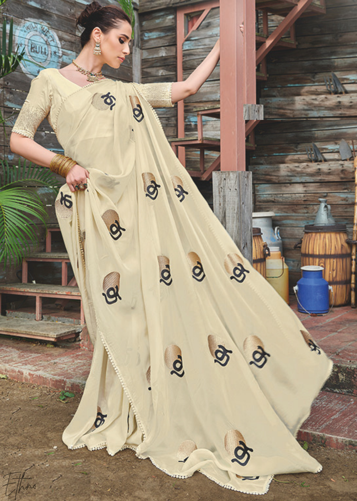 Cream Bold-Stroke Organza Poly-Viscose Saree