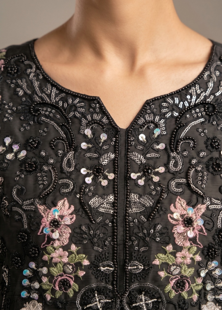 Black Botanical Embroidered Palazzo Chiffon Suit