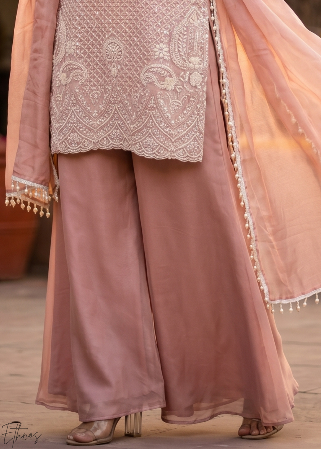 Muted Rose Botanical-Embroidered Chinon Silk Palazzo Suit