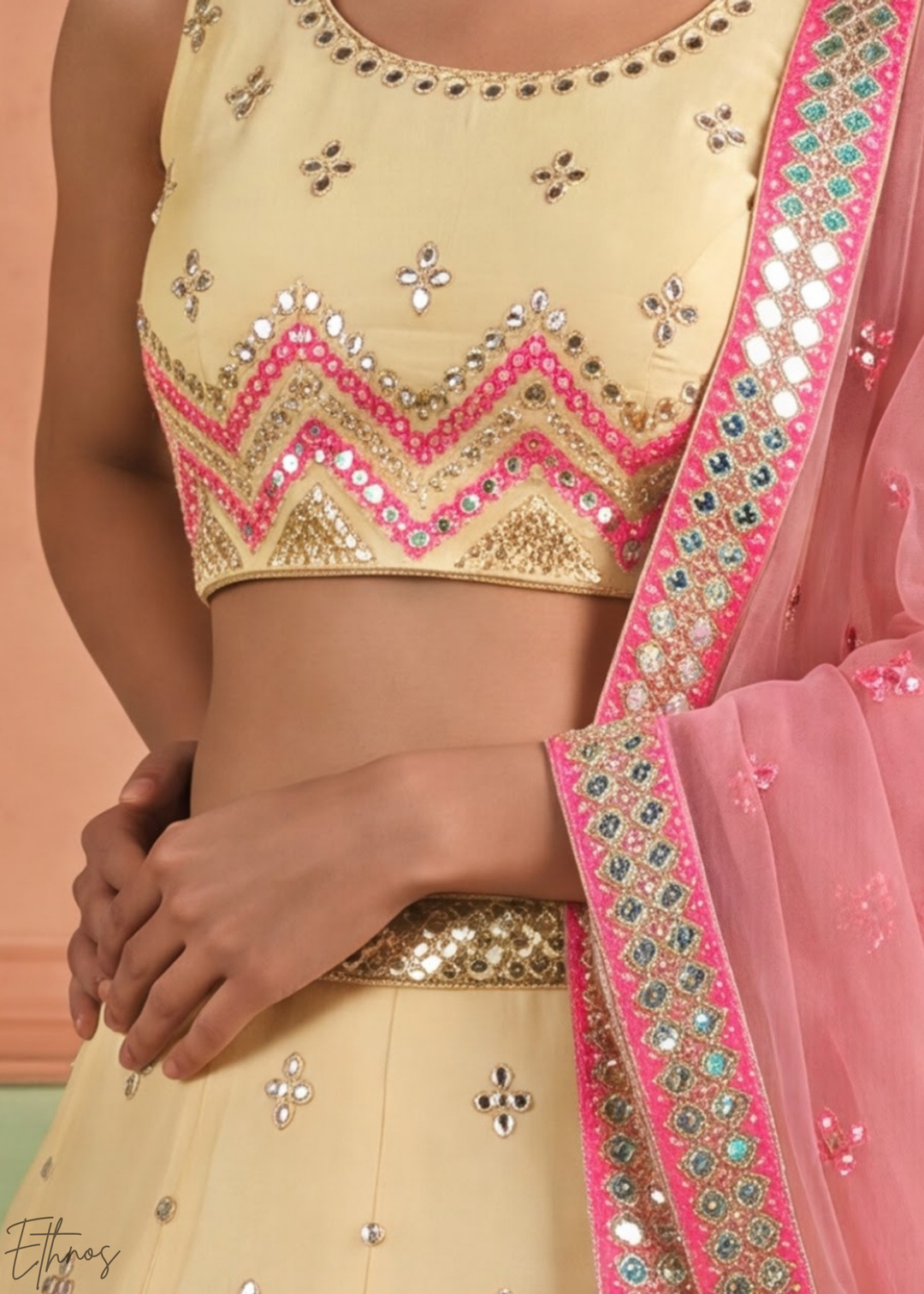 Muted Yellow Chevron Mirror Embellished Organza Lehenga Choli