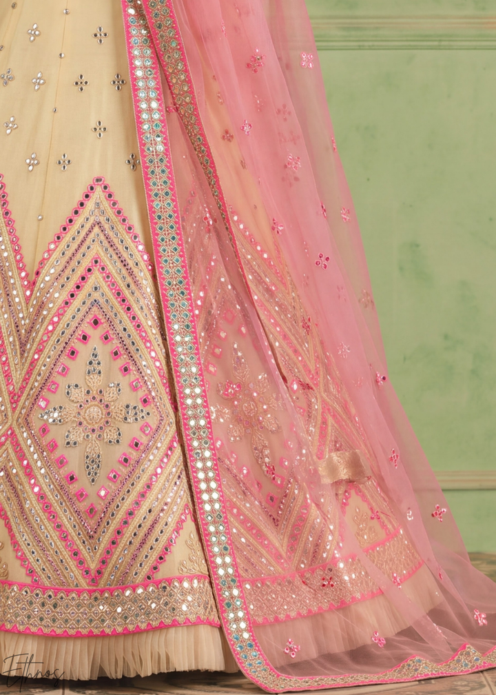 Muted Yellow Chevron Mirror Embellished Organza Lehenga Choli