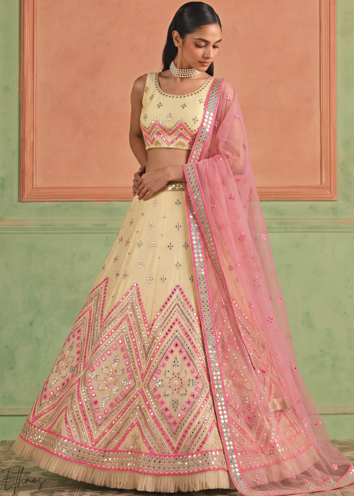 Muted Yellow Chevron Mirror Embellished Organza Lehenga Choli
