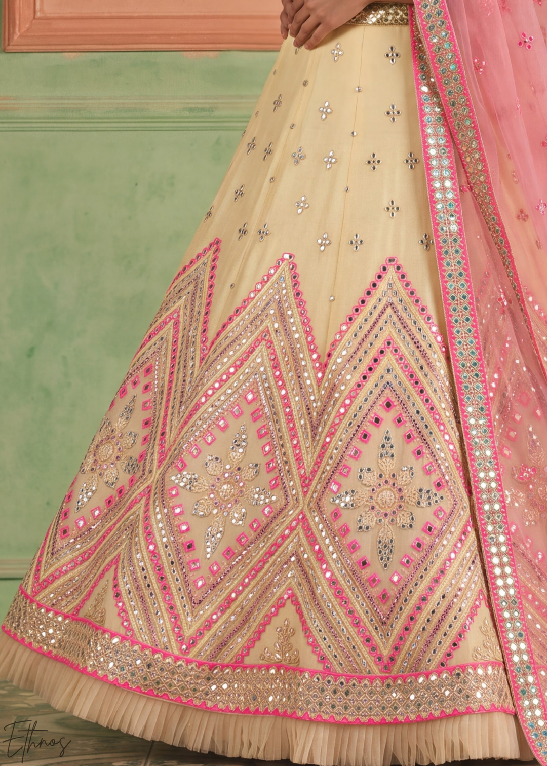 Muted Yellow Chevron Mirror Embellished Organza Lehenga Choli