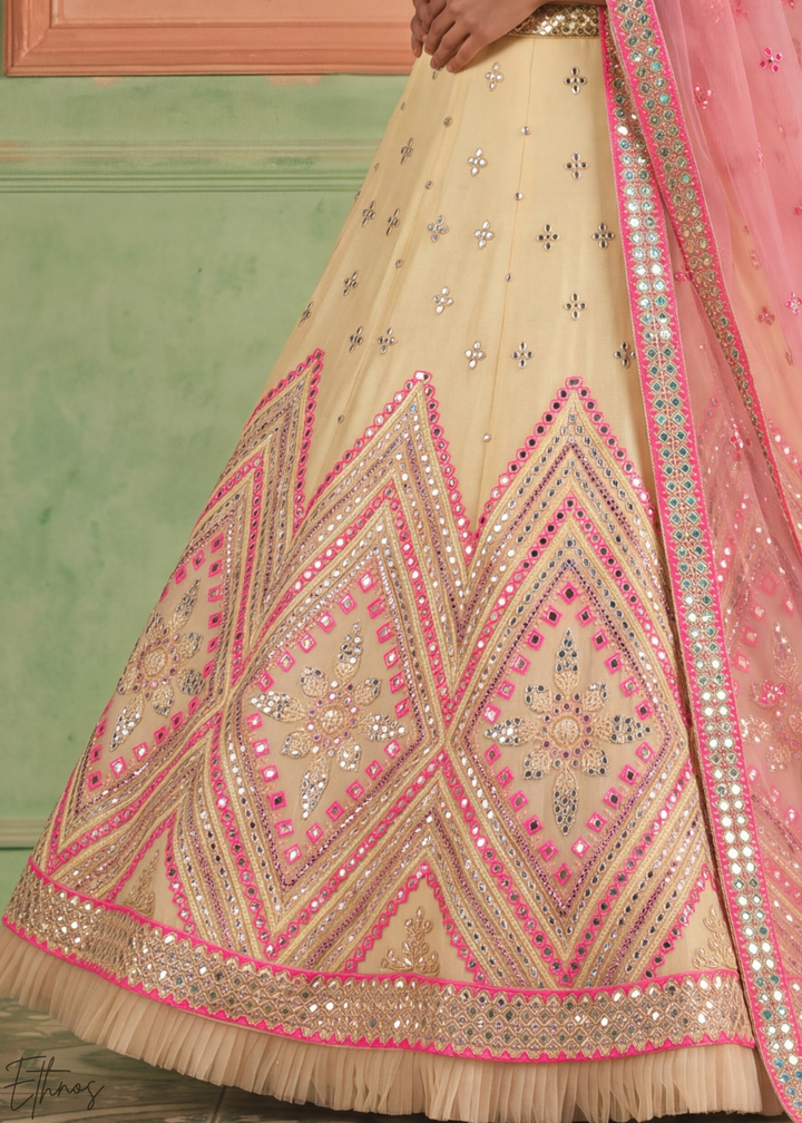 Muted Yellow Chevron Mirror Embellished Organza Lehenga Choli