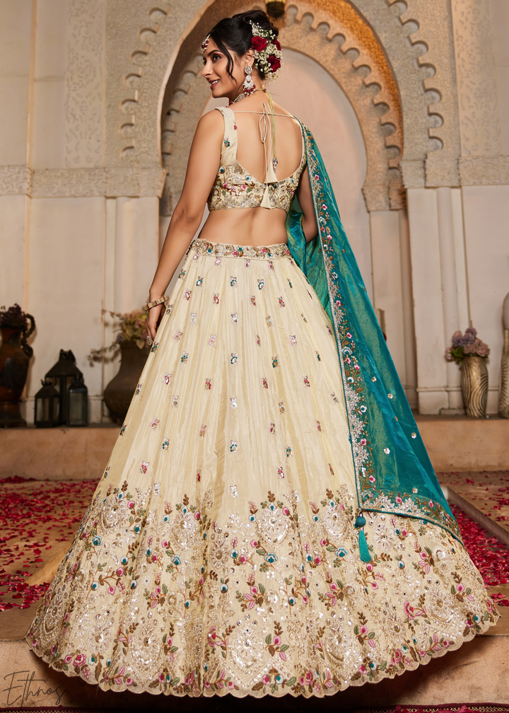 Vanilla Cream Gilded Meadow Tissue Lehenga