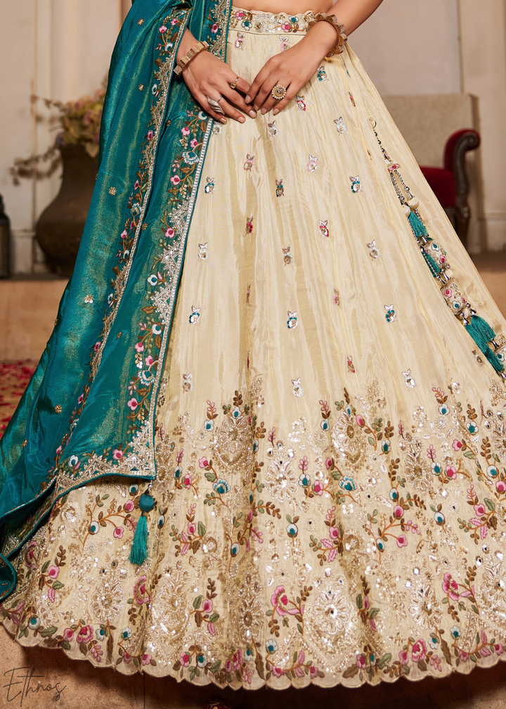 Vanilla Cream Gilded Meadow Tissue Lehenga