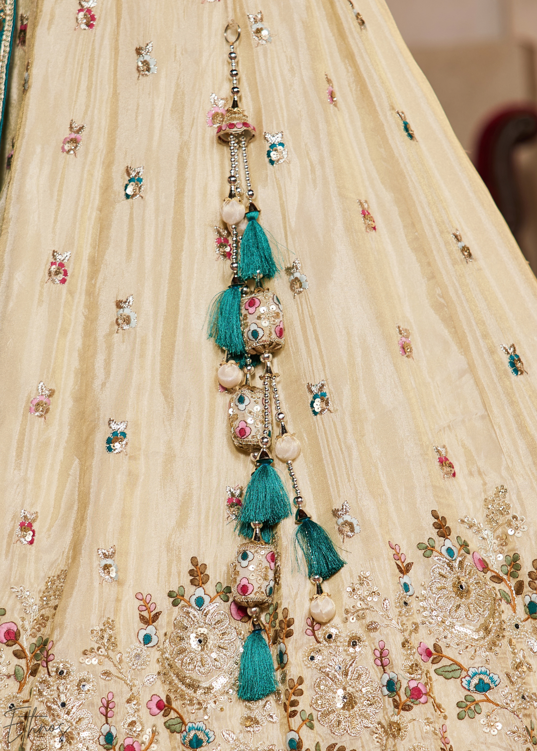 Vanilla Cream Gilded Meadow Tissue Lehenga