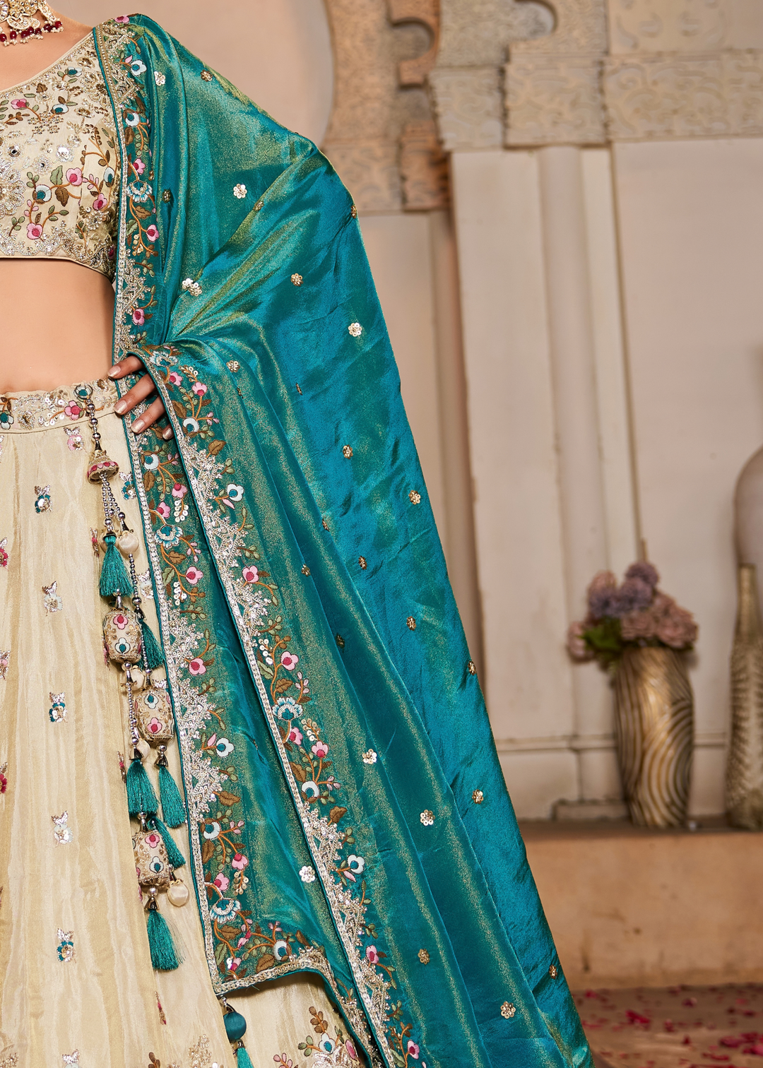 Vanilla Cream Gilded Meadow Tissue Lehenga