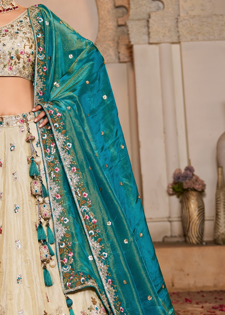 Vanilla Cream Gilded Meadow Tissue Lehenga