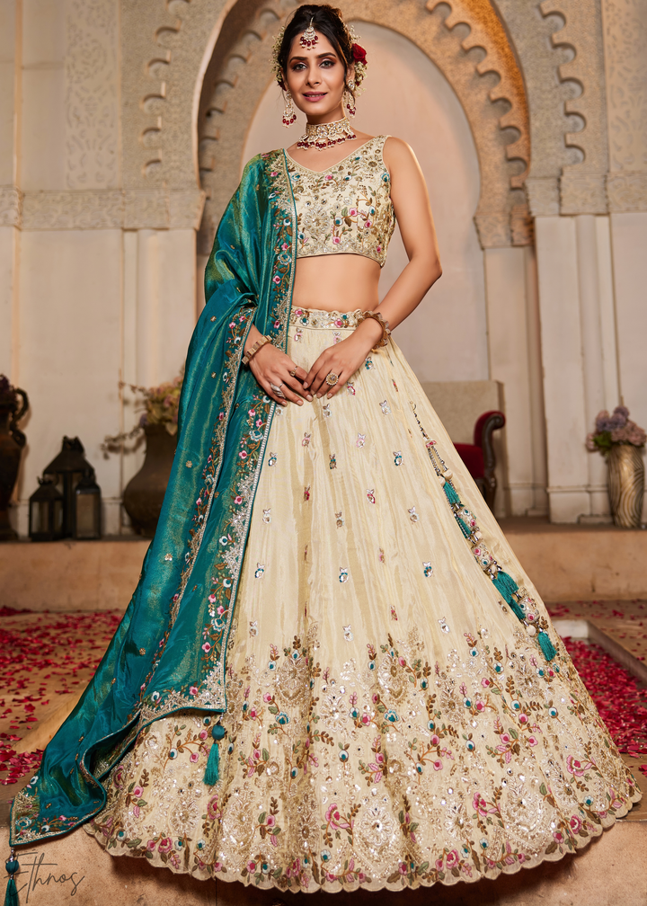 Vanilla Cream Gilded Meadow Tissue Lehenga