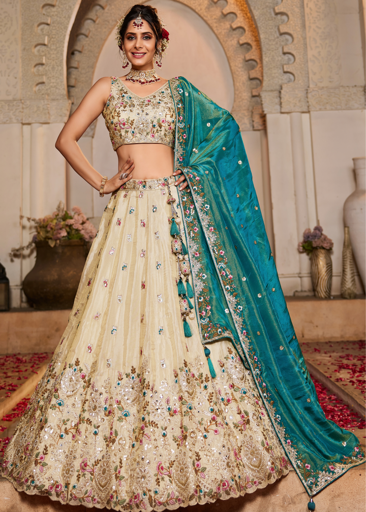 Vanilla Cream Gilded Meadow Tissue Lehenga