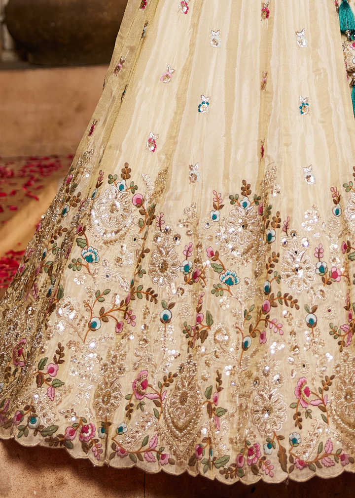 Vanilla Cream Gilded Meadow Tissue Lehenga