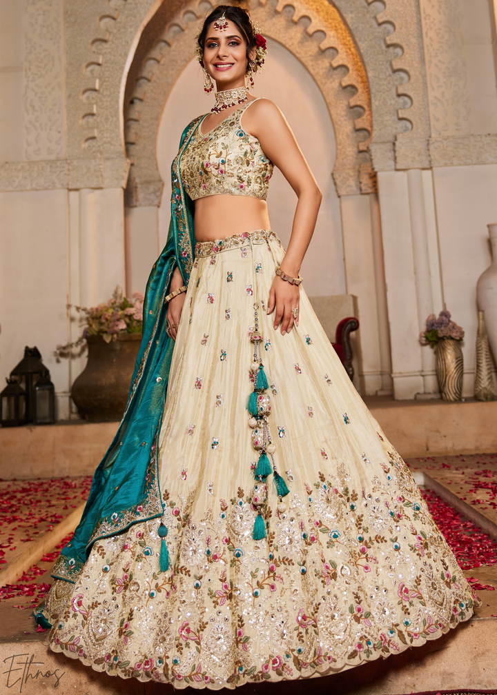 Vanilla Cream Gilded Meadow Tissue Lehenga