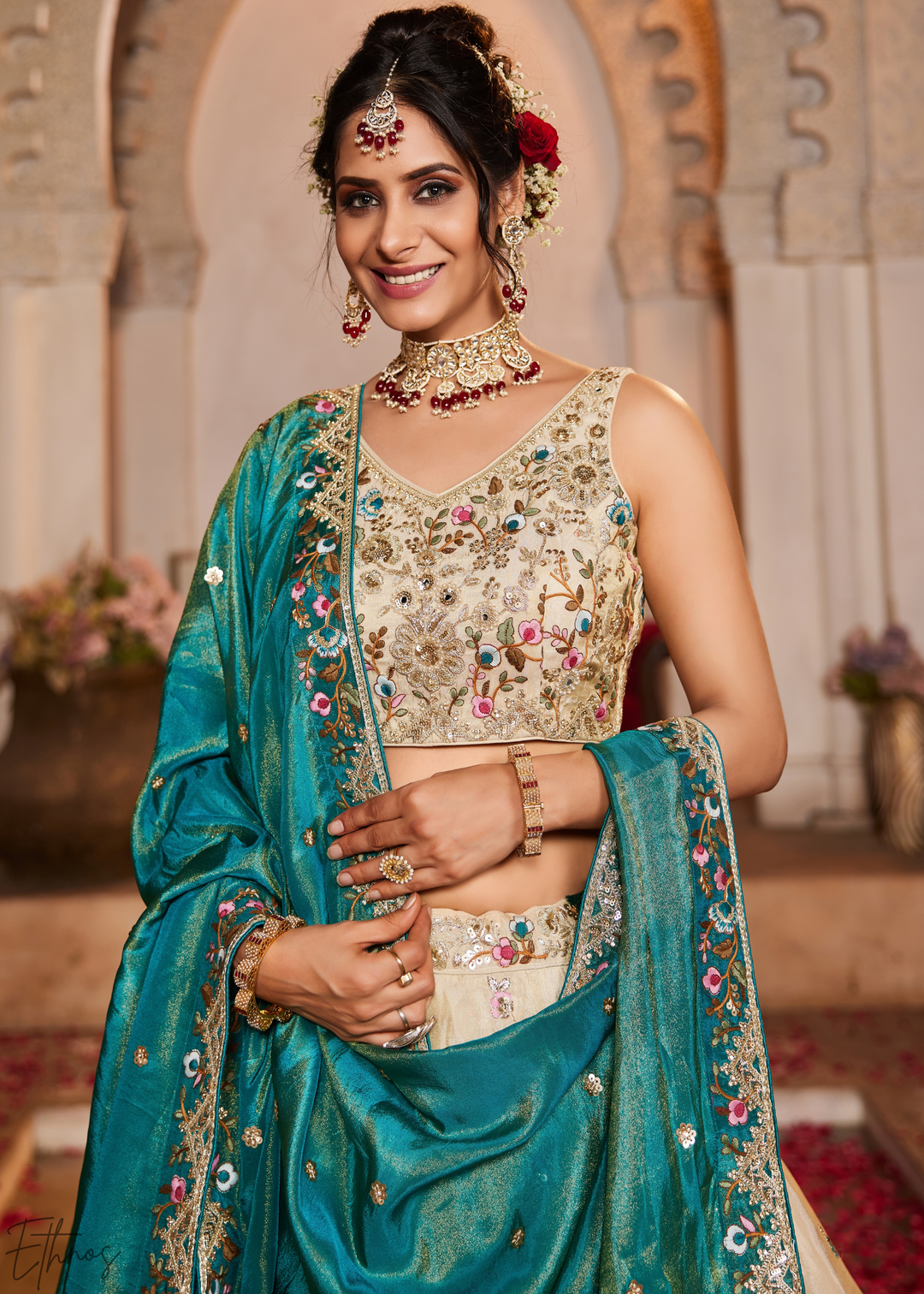 Vanilla Cream Gilded Meadow Tissue Lehenga