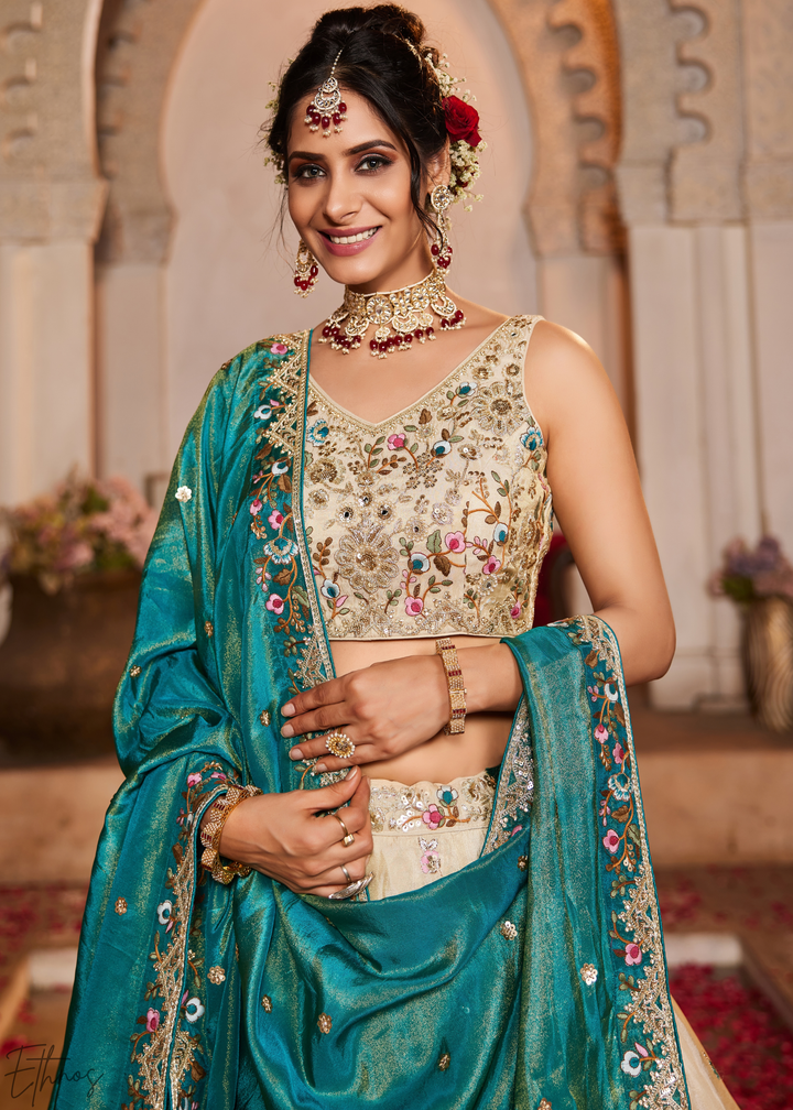Vanilla Cream Gilded Meadow Tissue Lehenga