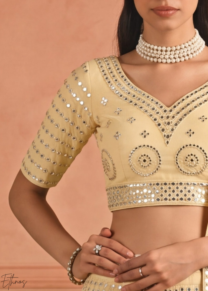 Vanilla Yellow Quatrefoil Floral Mirror Embellished Organza Lehenga Choli