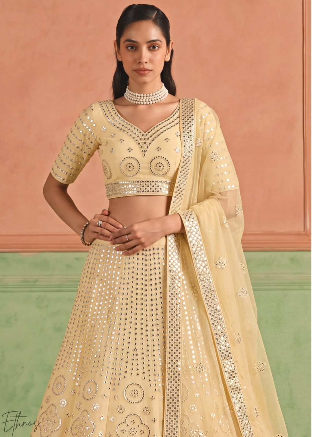 Vanilla Yellow Quatrefoil Floral Mirror Embellished Organza Lehenga Choli