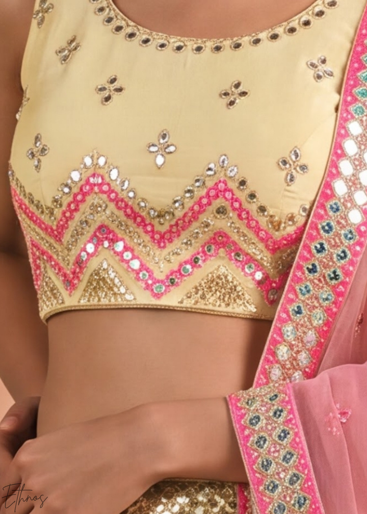 Muted Yellow Chevron Mirror Embellished Organza Lehenga Choli