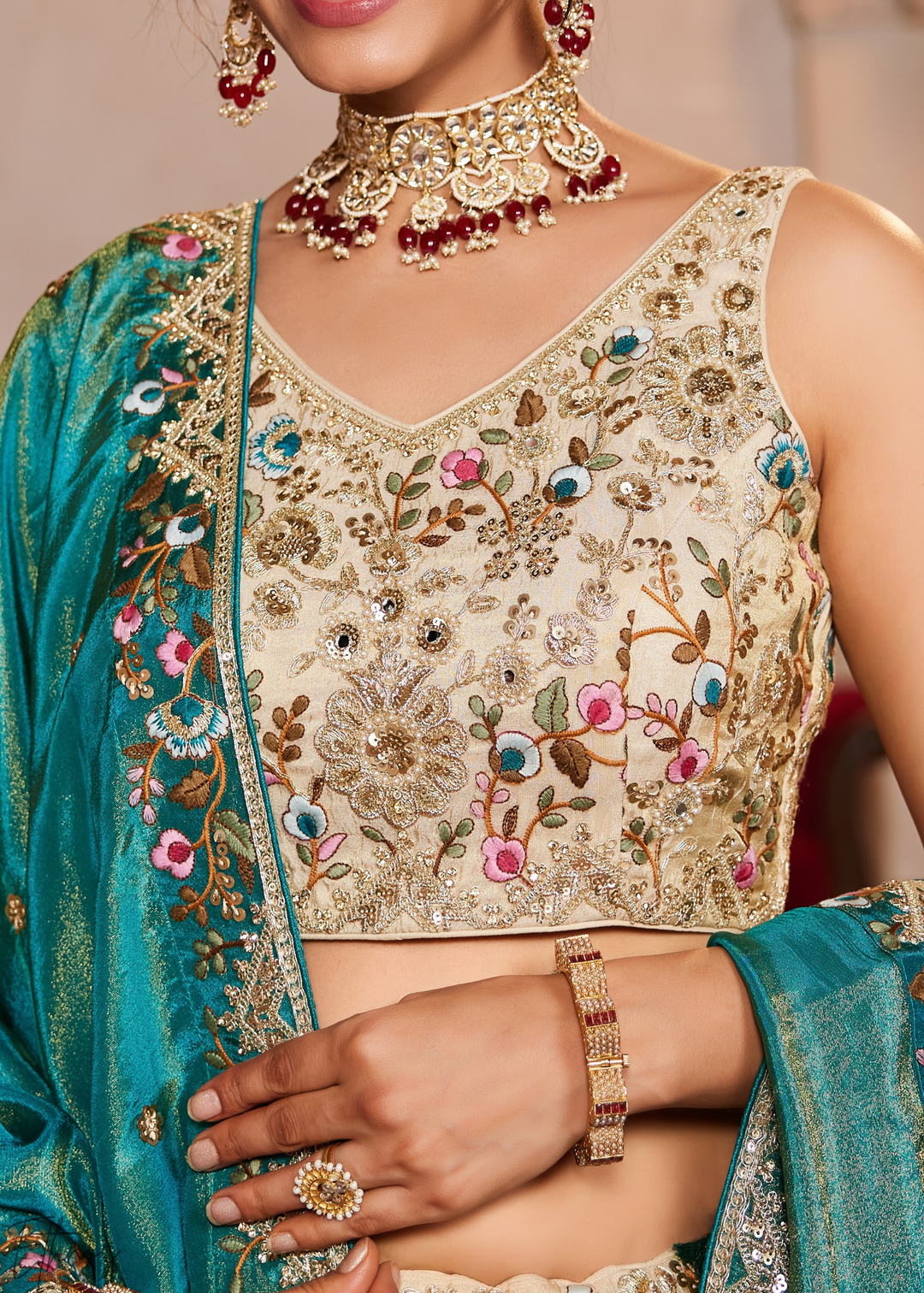 Vanilla Cream Gilded Meadow Tissue Lehenga