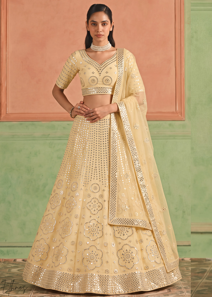 Vanilla Yellow Quatrefoil Floral Mirror Embellished Organza Lehenga Choli