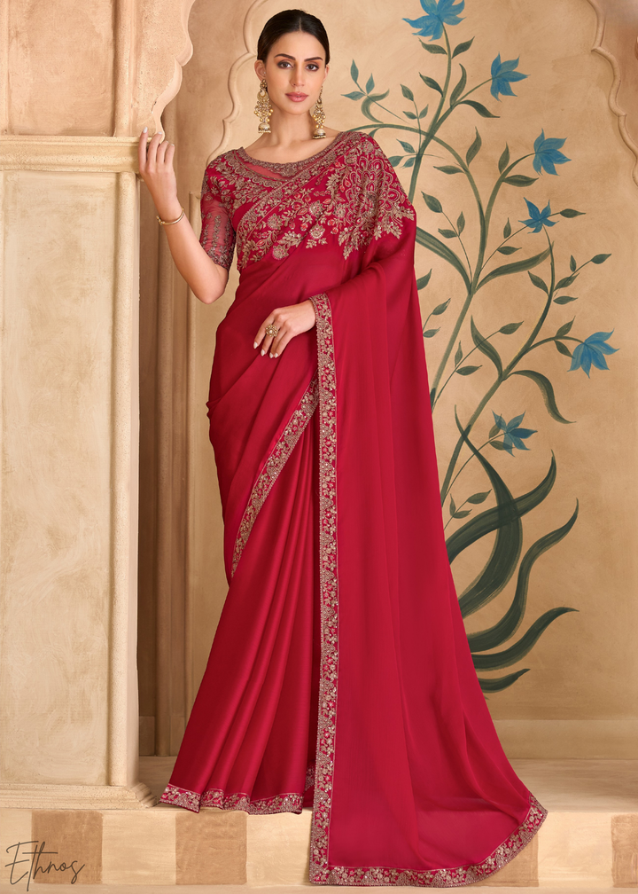 Velvet Rose Intricate Embroidered Georgette Saree