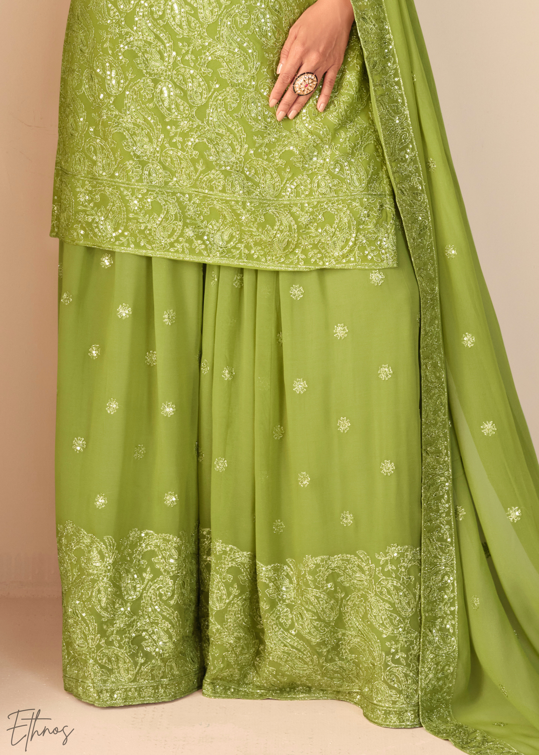 Verdant Green Filigree Embroidered Chinon Sharara Suit