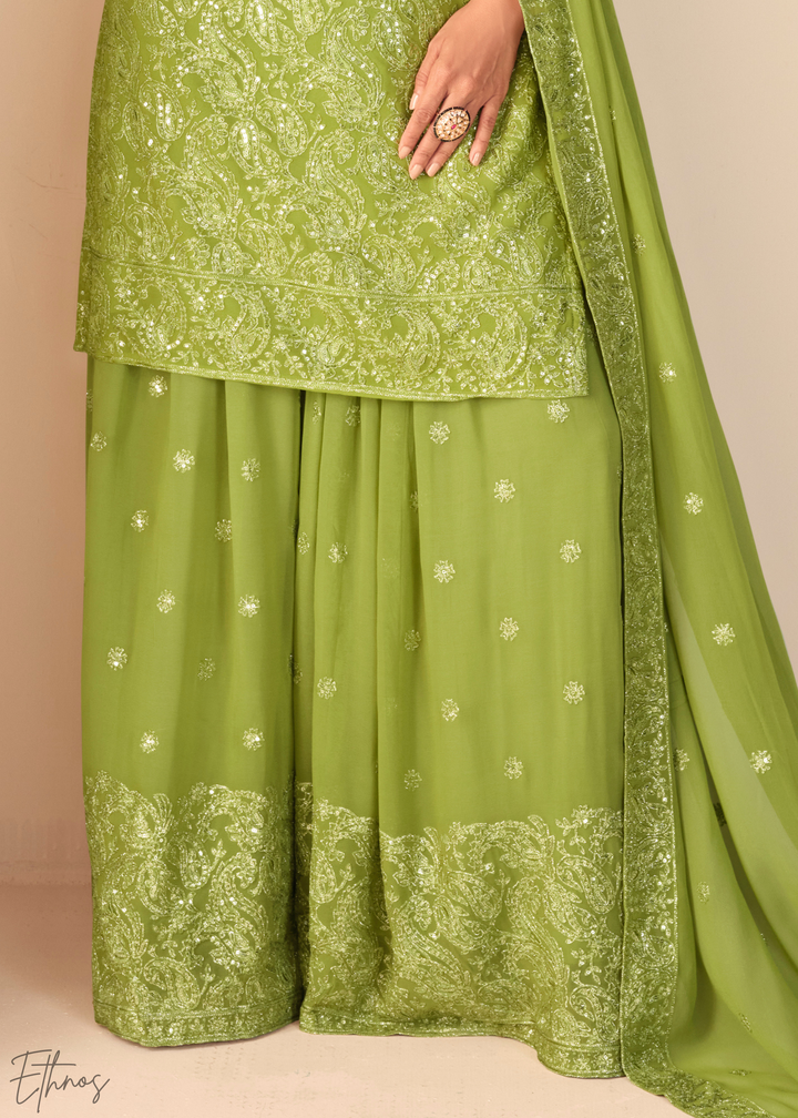 Verdant Green Filigree Embroidered Chinon Sharara Suit