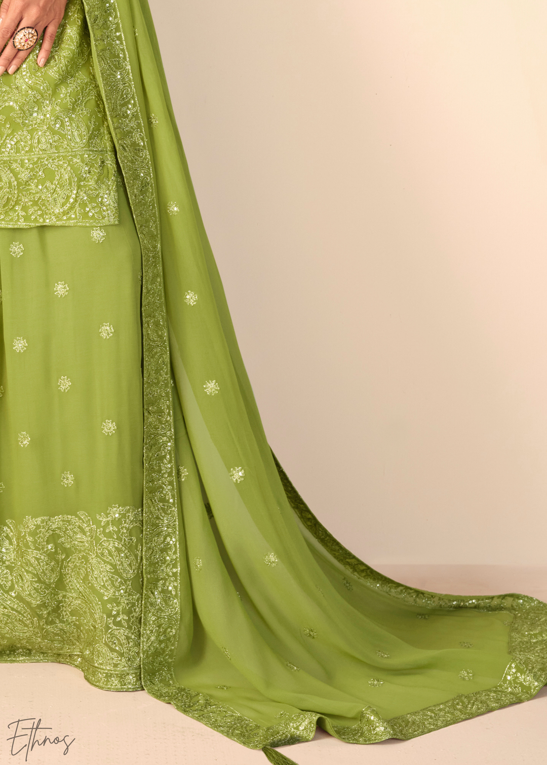 Verdant Green Filigree Embroidered Chinon Sharara Suit