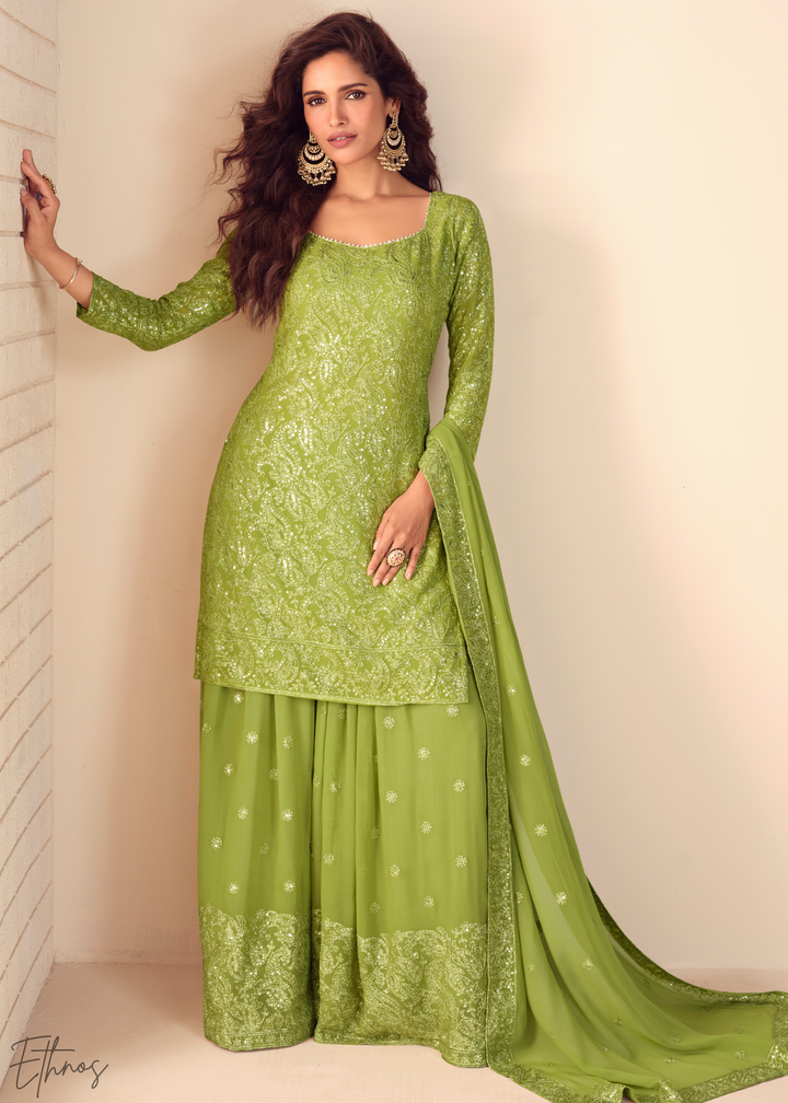 Verdant Green Filigree Embroidered Chinon Sharara Suit