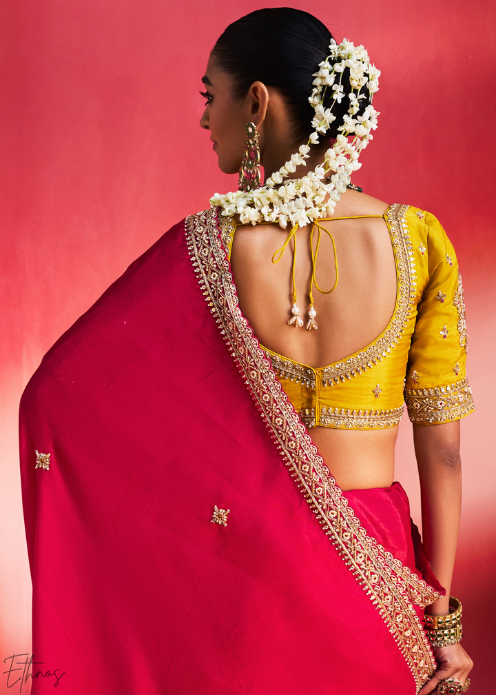 Vibrant Fuchsia Paisley Trim Border Soft Silk Saree