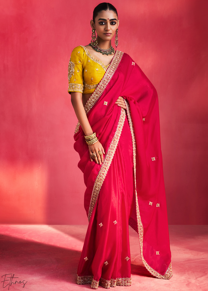 Vibrant Fuchsia Paisley Trim Border Soft Silk Saree