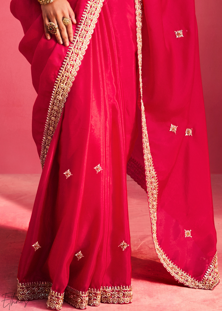 Vibrant Fuchsia Paisley Trim Border Soft Silk Saree