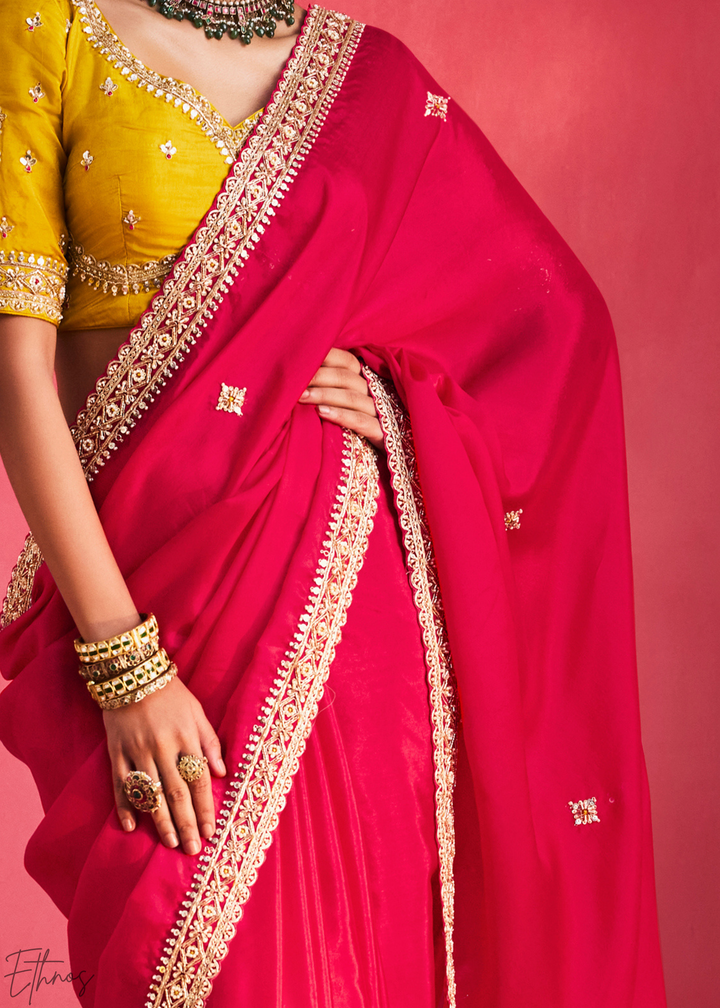 Vibrant Fuchsia Paisley Trim Border Soft Silk Saree