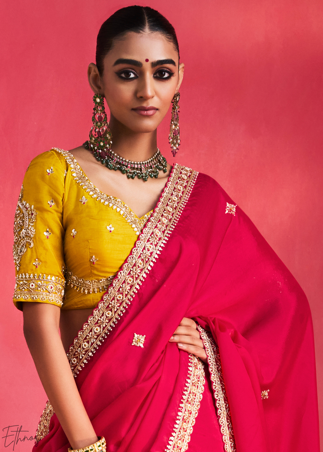 Vibrant Fuchsia Paisley Trim Border Soft Silk Saree