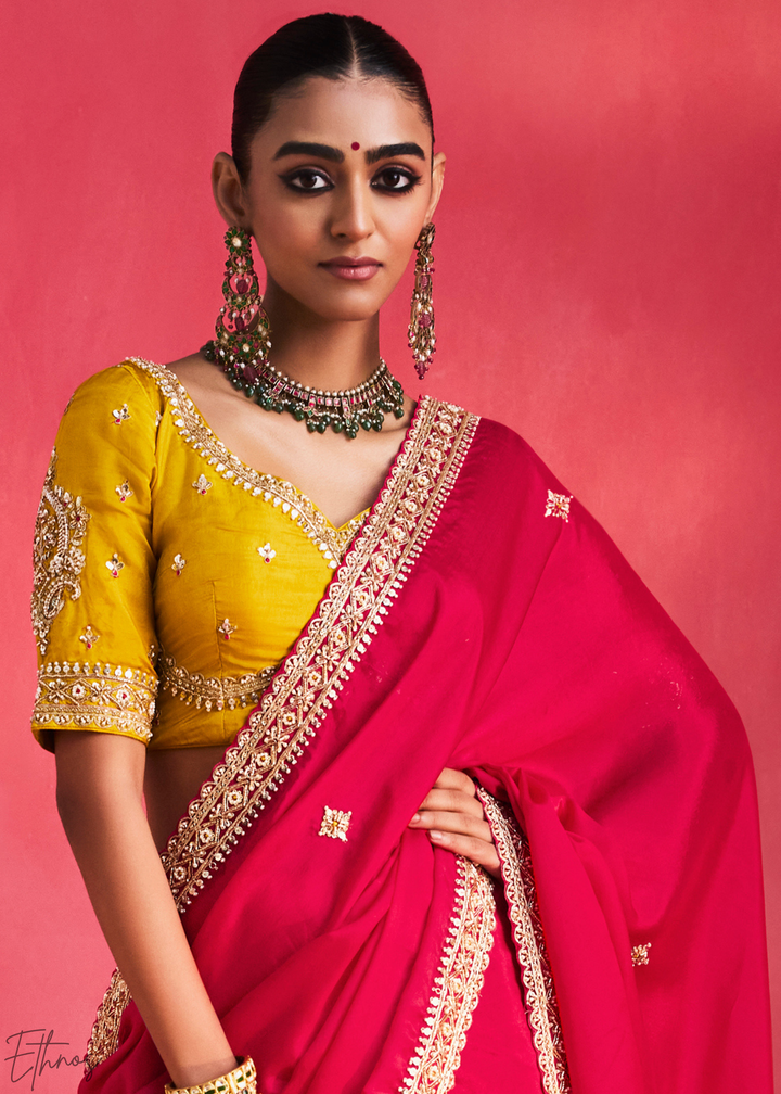 Vibrant Fuchsia Paisley Trim Border Soft Silk Saree
