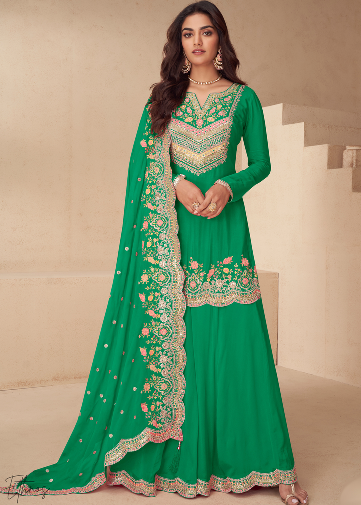 Vibrant Green Embroidered Chinon Palazzo Suit