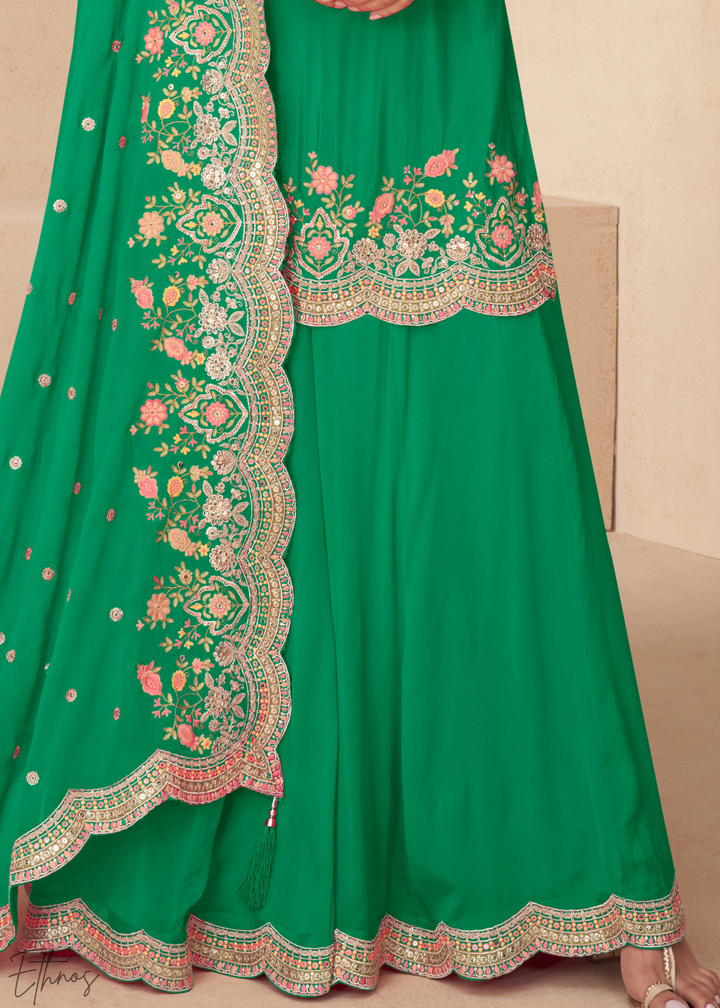 Vibrant Green Embroidered Chinon Palazzo Suit
