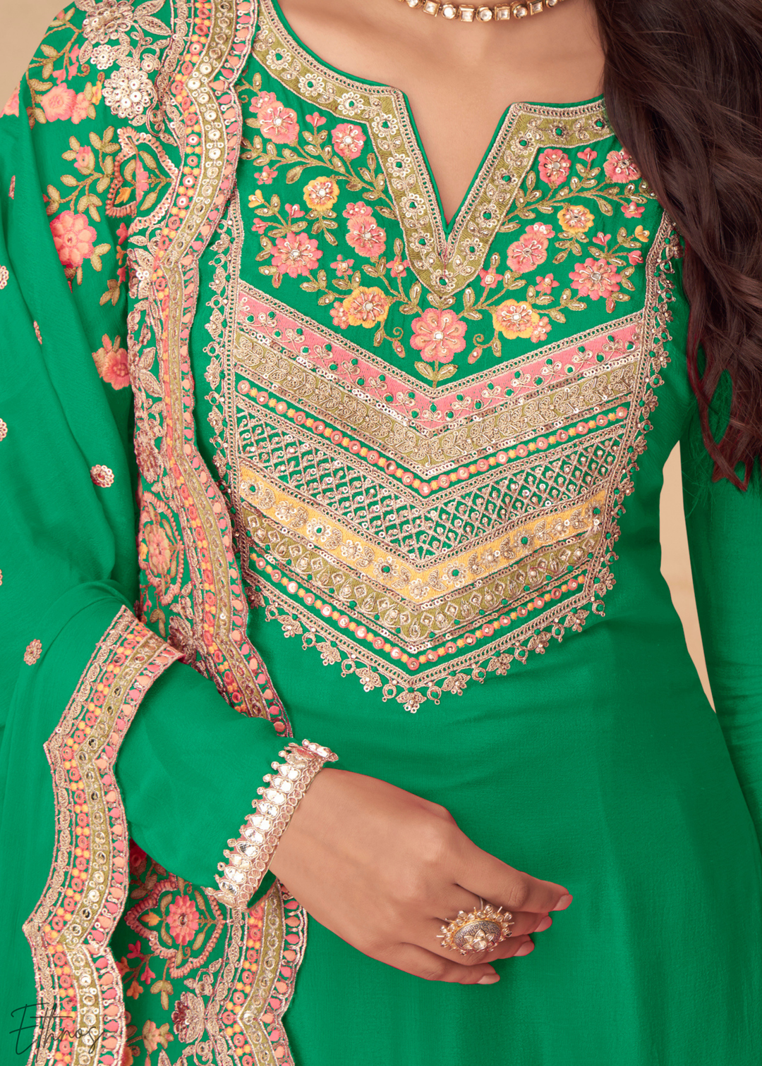Vibrant Green Embroidered Chinon Palazzo Suit
