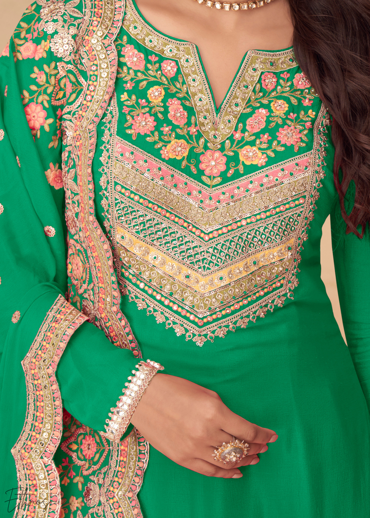 Vibrant Green Embroidered Chinon Palazzo Suit