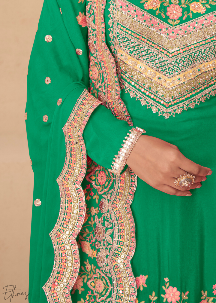 Vibrant Green Embroidered Chinon Palazzo Suit
